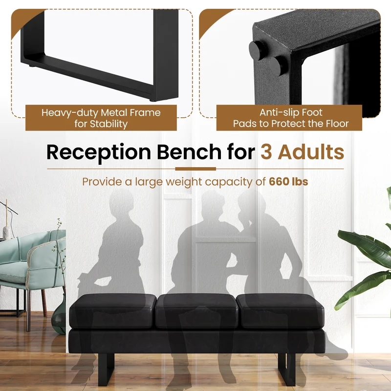 Metal Frame Waiting Room Bench, Black