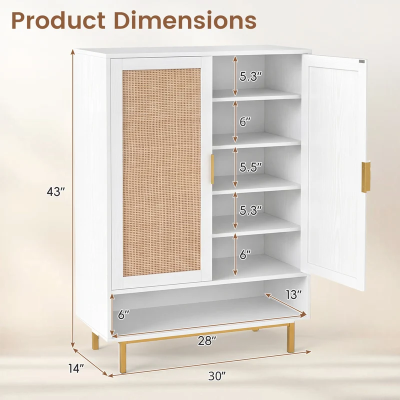 43 Inch 6-Tier Tall Shoe Cabinet with Double Doors, White