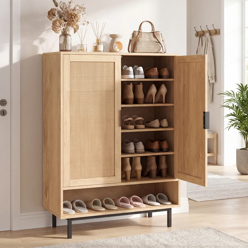 43 Inch 6-Tier Tall Shoe Cabinet with Double Doors, Natural