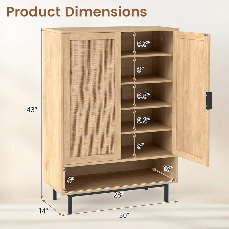 43 Inch 6-Tier Tall Shoe Cabinet with Double Doors, Natural