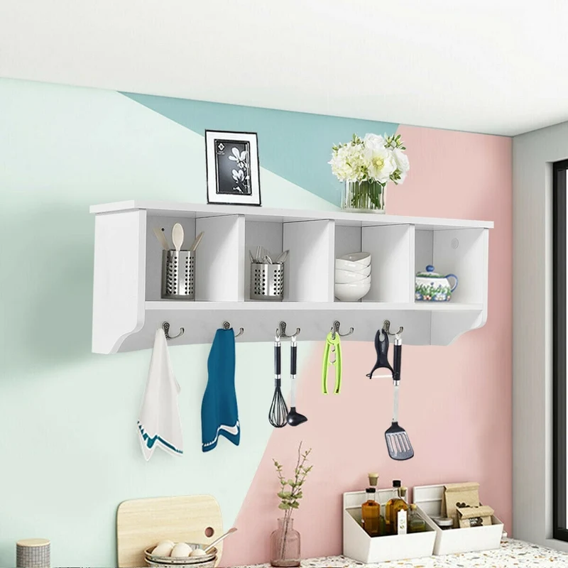 Wall-Mounted Storage Cabinet, Entryway Shelf, Coat Rack, White
