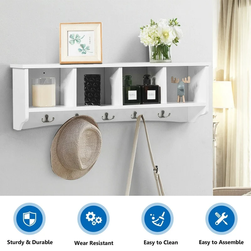 Wall-Mounted Storage Cabinet, Entryway Shelf, Coat Rack, White