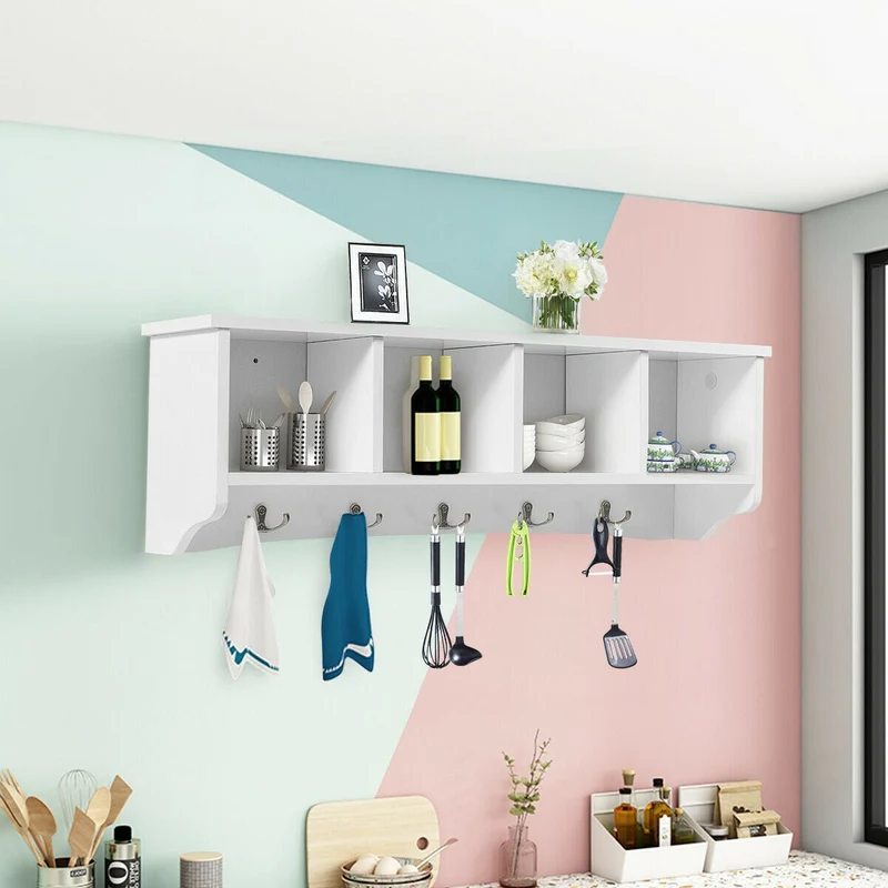 Wall-Mounted Storage Cabinet, Entryway Shelf, Coat Rack, White