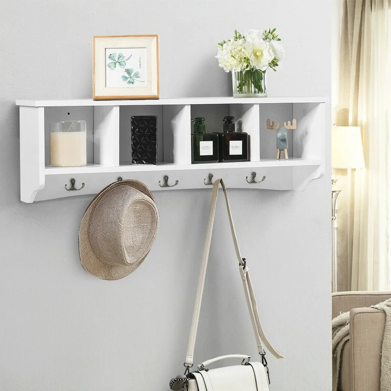 Wall-Mounted Storage Cabinet, Entryway Shelf, Coat Rack, White