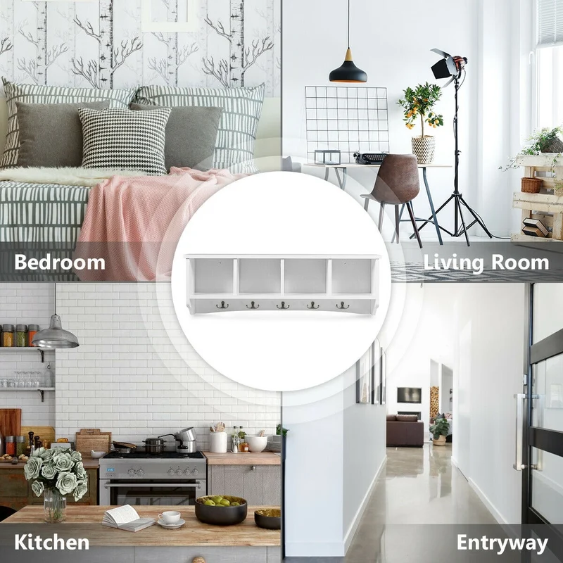 Wall-Mounted Storage Cabinet, Entryway Shelf, Coat Rack, White