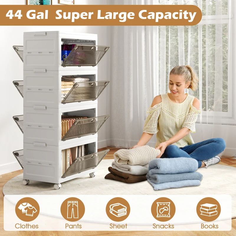 44 Gal Stackable Plastic Storage Bins, 4-Pack With Lid, White