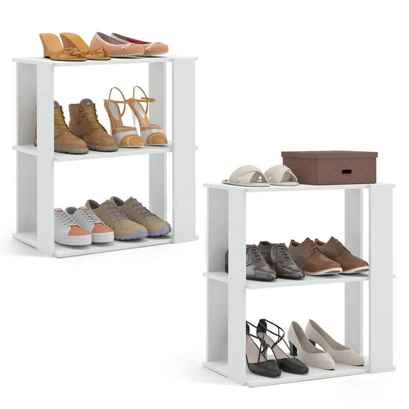 3-Tier Shoe Rack Set of 2 with Stackable Design and Anti-Tipping Device for Closet, White
