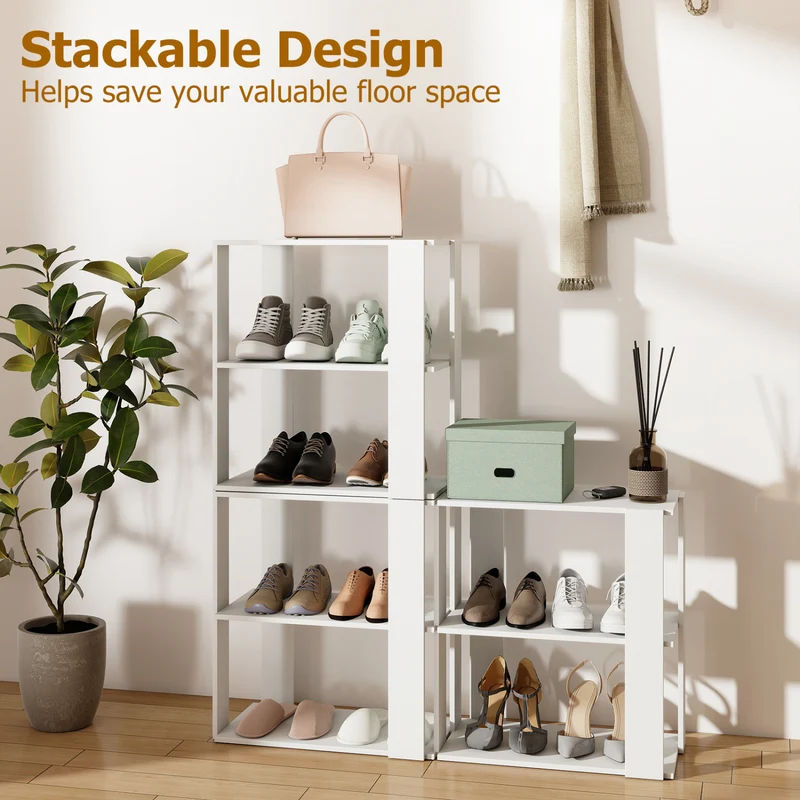 3-Tier Shoe Rack Set of 2 with Stackable Design and Anti-Tipping Device for Closet, White