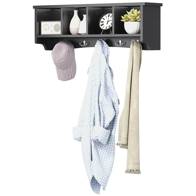 Wall Mount Coat Rack with Shelf, 28", 5 Hooks, 4 Compartments, Black