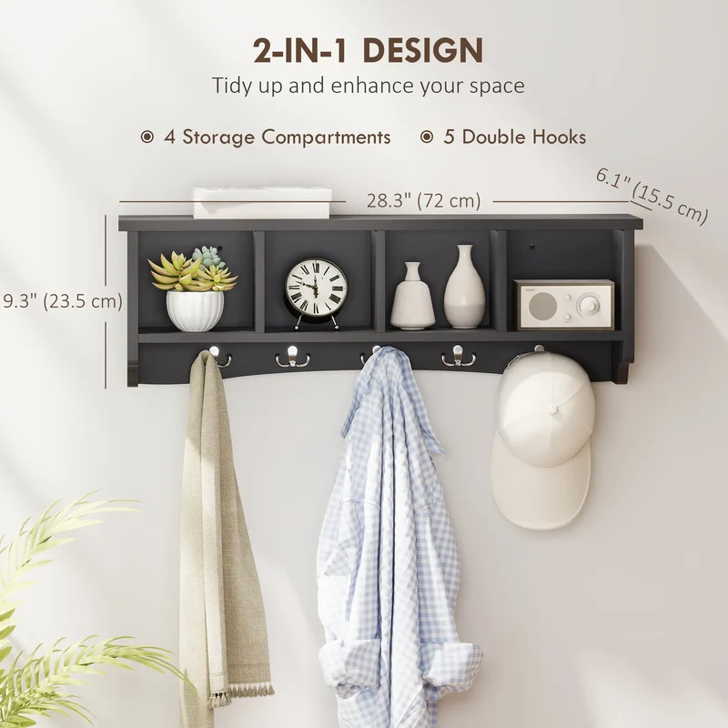 Wall Mount Coat Rack with Shelf, 28", 5 Hooks, 4 Compartments, Black
