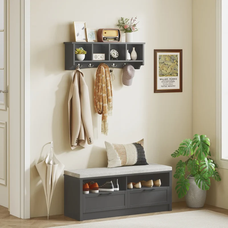 Wall Mount Coat Rack with Shelf, 28", 5 Hooks, 4 Compartments, Black