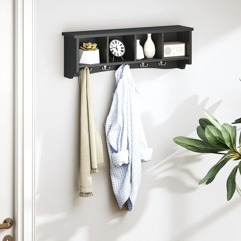 Wall Mount Coat Rack with Shelf, 28", 5 Hooks, 4 Compartments, Black