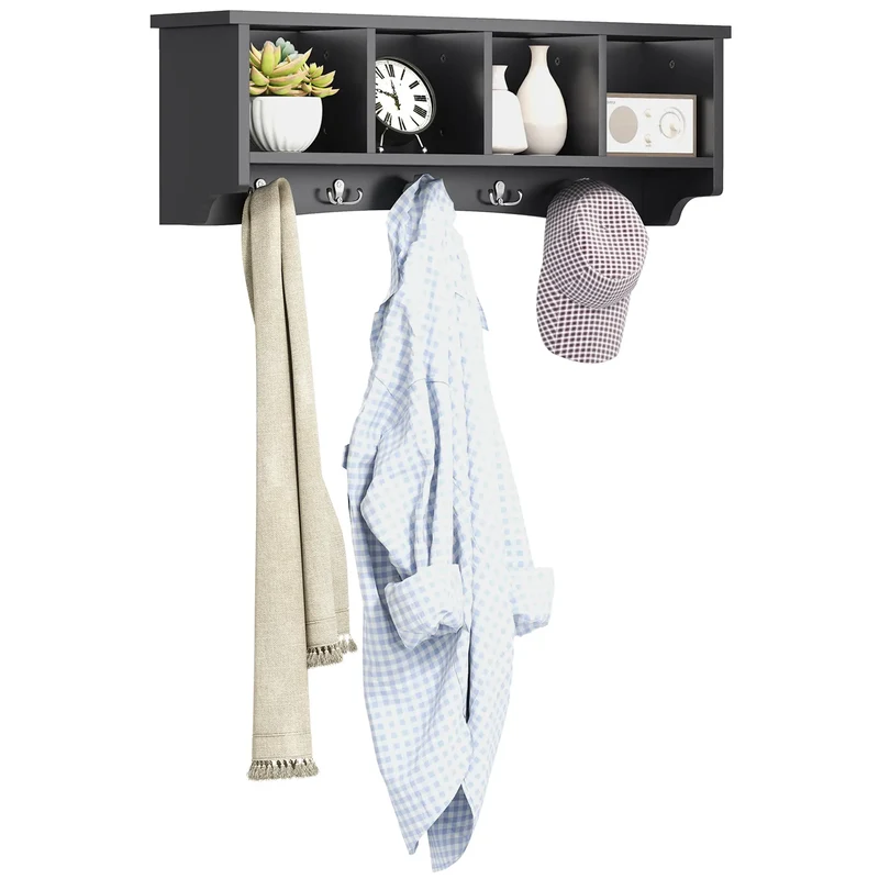 Wall Mount Coat Rack with Shelf, 28", 5 Hooks, 4 Compartments, Black