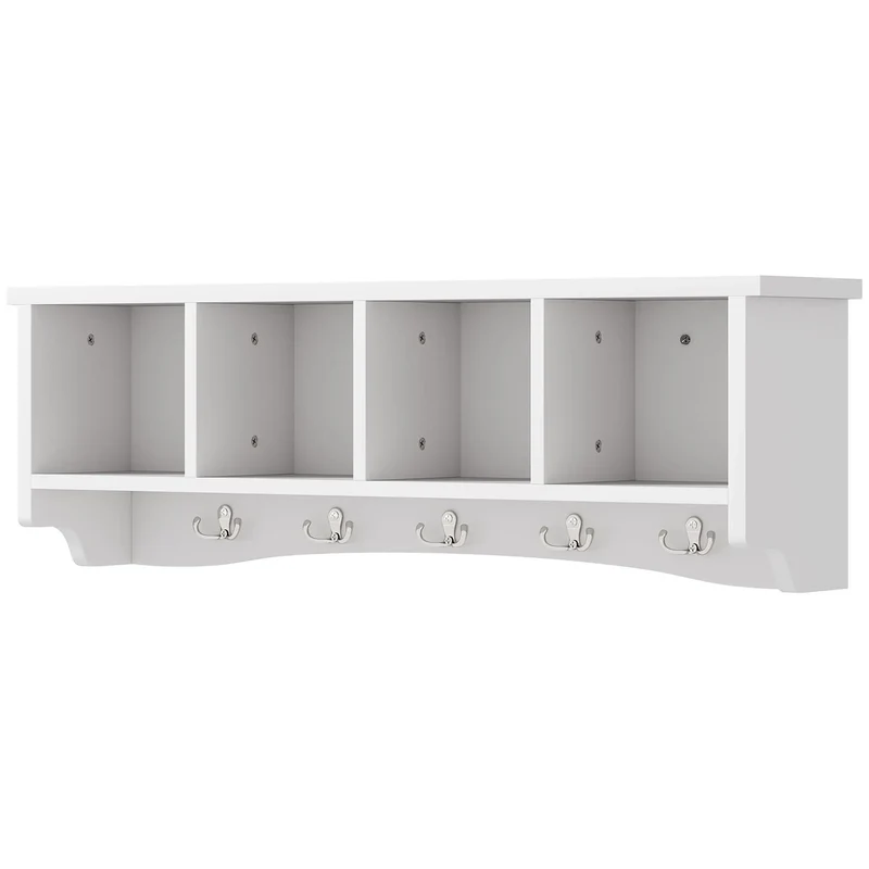 Wall Mount Coat Rack with Shelf, 28", 5 Hooks, 4 Compartments, White