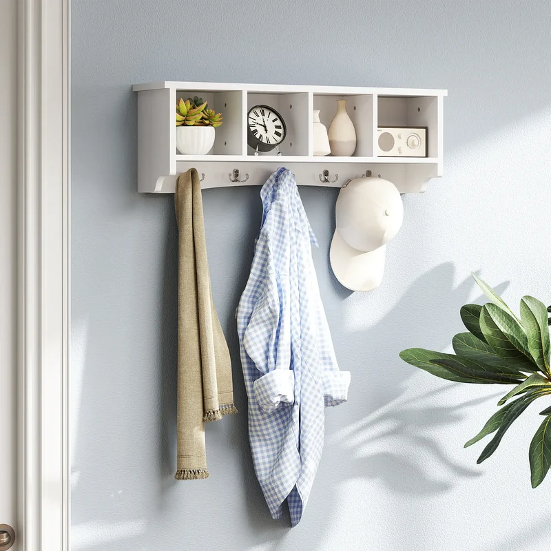 Wall Mount Coat Rack with Shelf, 28", 5 Hooks, 4 Compartments, White