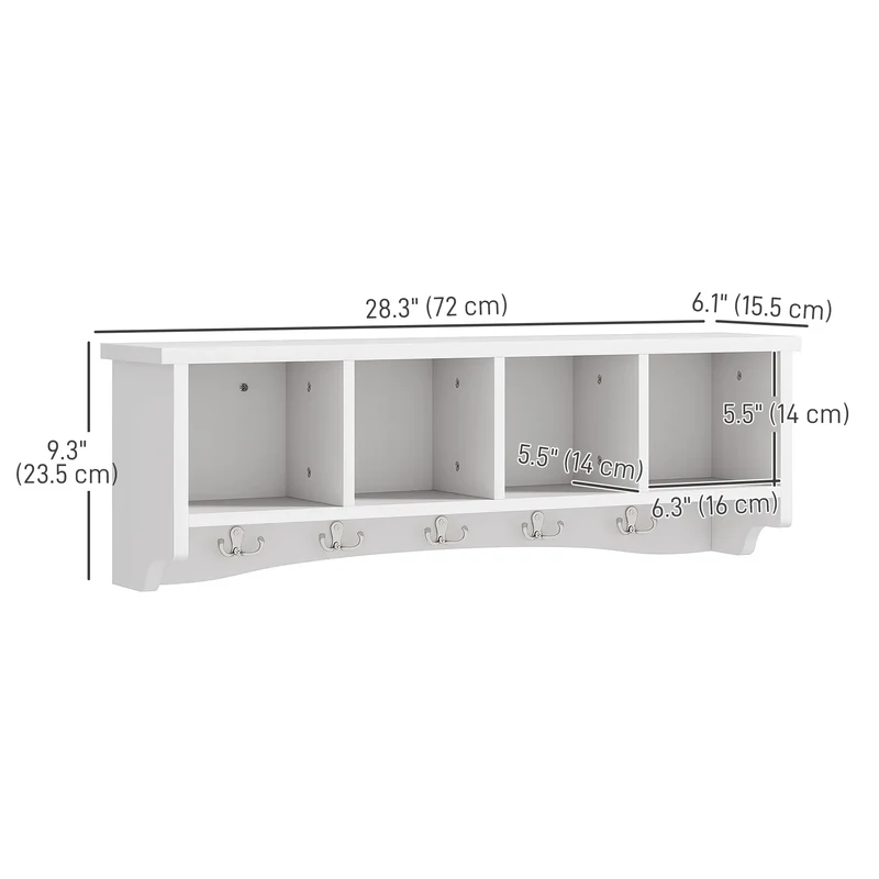 Wall Mount Coat Rack with Shelf, 28", 5 Hooks, 4 Compartments, White