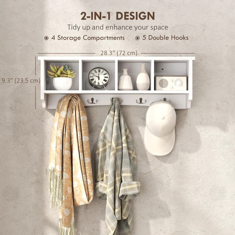 Wall Mount Coat Rack with Shelf, 28", 5 Hooks, 4 Compartments, White