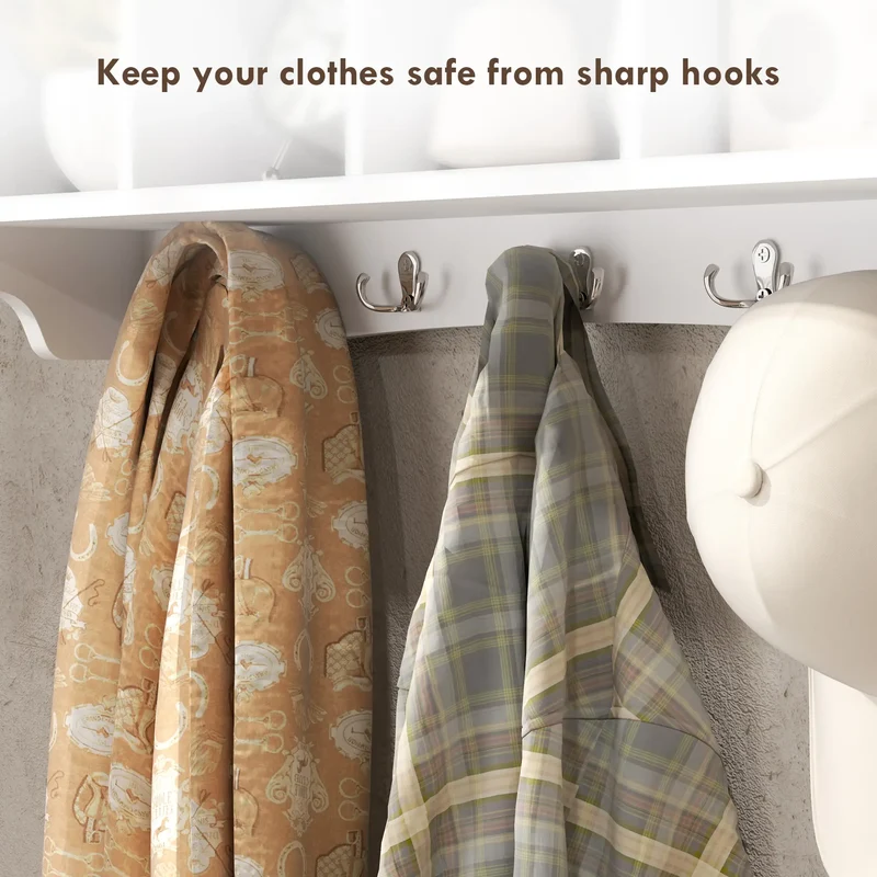 Wall Mount Coat Rack with Shelf, 28", 5 Hooks, 4 Compartments, White