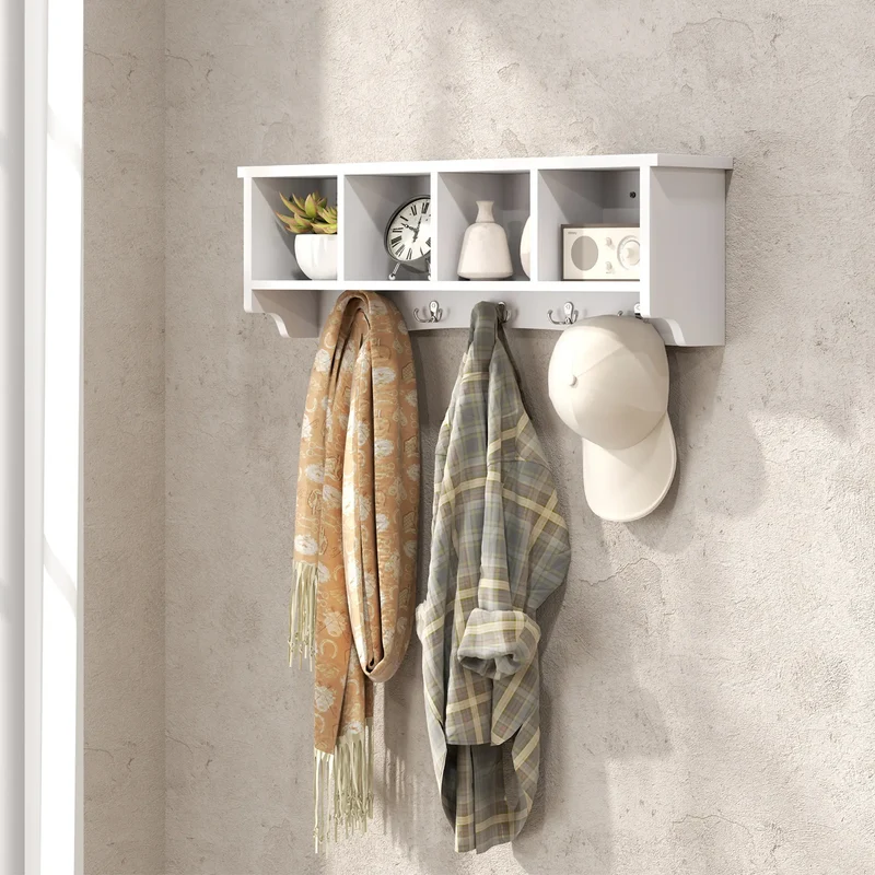 Wall Mount Coat Rack with Shelf, 28", 5 Hooks, 4 Compartments, White