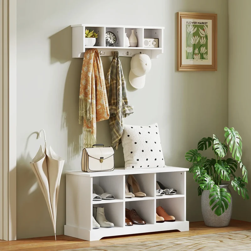 Wall Mount Coat Rack with Shelf, 28", 5 Hooks, 4 Compartments, White