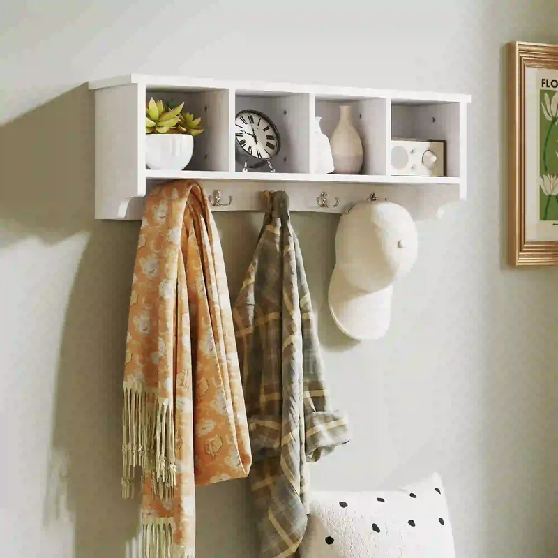Wall Mount Coat Rack with Shelf, 28", 5 Hooks, 4 Compartments, White