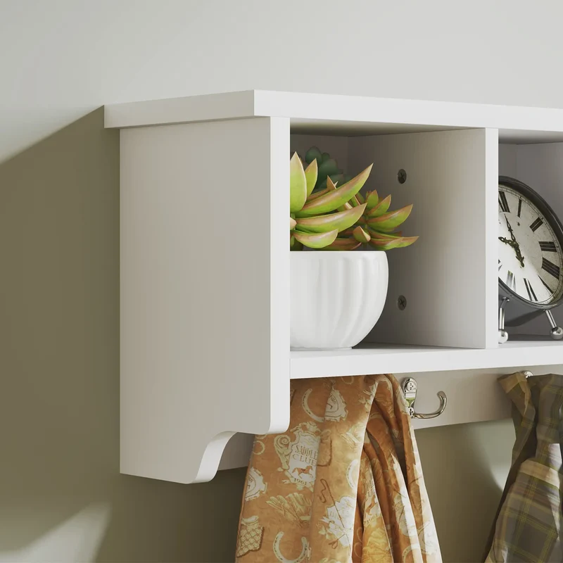 Wall Mount Coat Rack with Shelf, 28", 5 Hooks, 4 Compartments, White