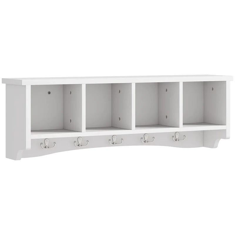 Wall Mount Coat Rack with Shelf, 28", 5 Hooks, 4 Compartments, White