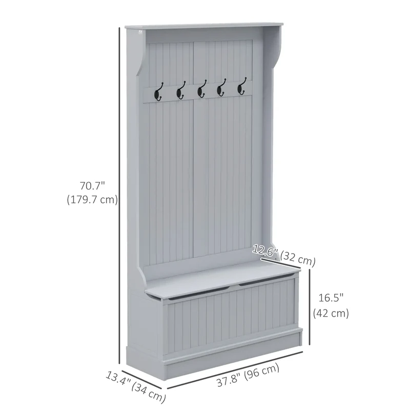 3-In-1 Entryway Hall Tree, Coat Rack, Bench, Shoe Storage, 5 Hooks, Grey