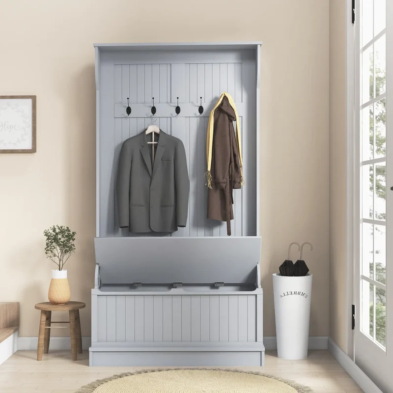 3-In-1 Entryway Hall Tree, Coat Rack, Bench, Shoe Storage, 5 Hooks, Grey