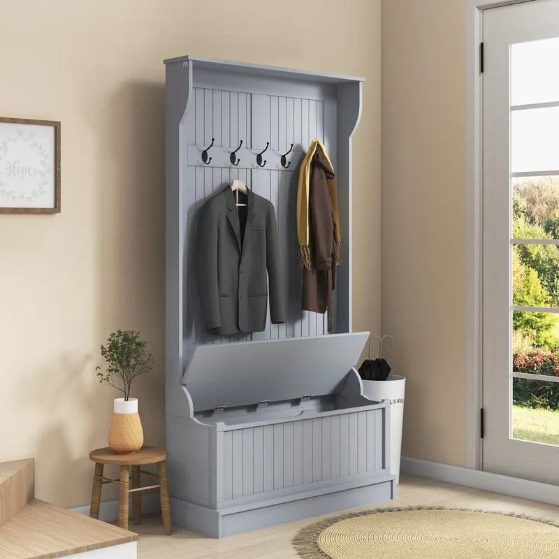 3-In-1 Entryway Hall Tree, Coat Rack, Bench, Shoe Storage, 5 Hooks, Grey