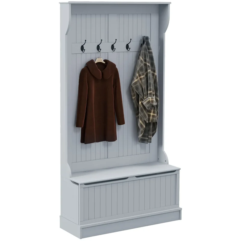 3-In-1 Entryway Hall Tree, Coat Rack, Bench, Shoe Storage, 5 Hooks, Grey