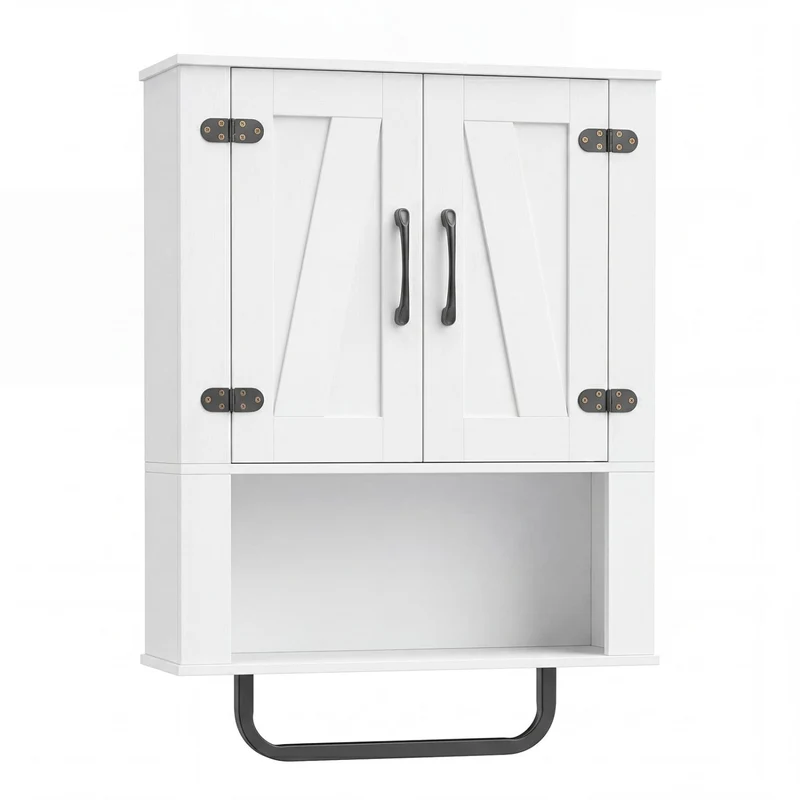 Bathroom Wall Cabinet with 2 Barn Doors and Towel Bar and 3-Tier Wooden Storage, White