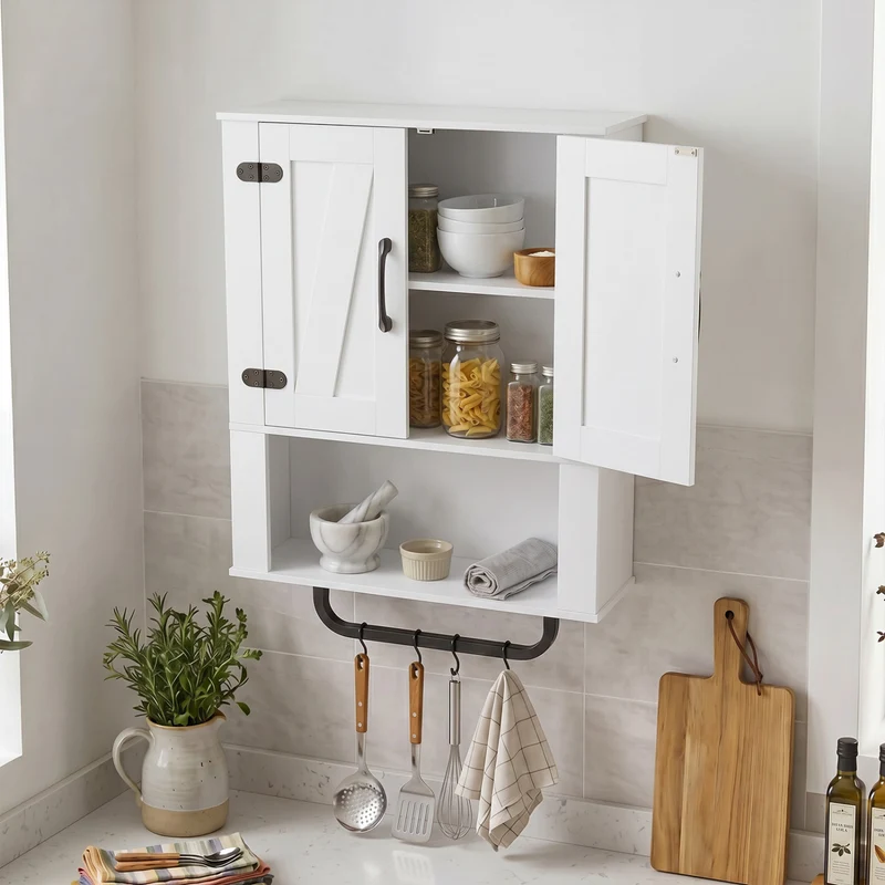 Bathroom Wall Cabinet with 2 Barn Doors and Towel Bar and 3-Tier Wooden Storage, White