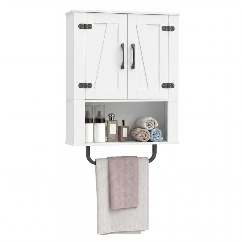 Bathroom Wall Cabinet with 2 Barn Doors and Towel Bar and 3-Tier Wooden Storage, White