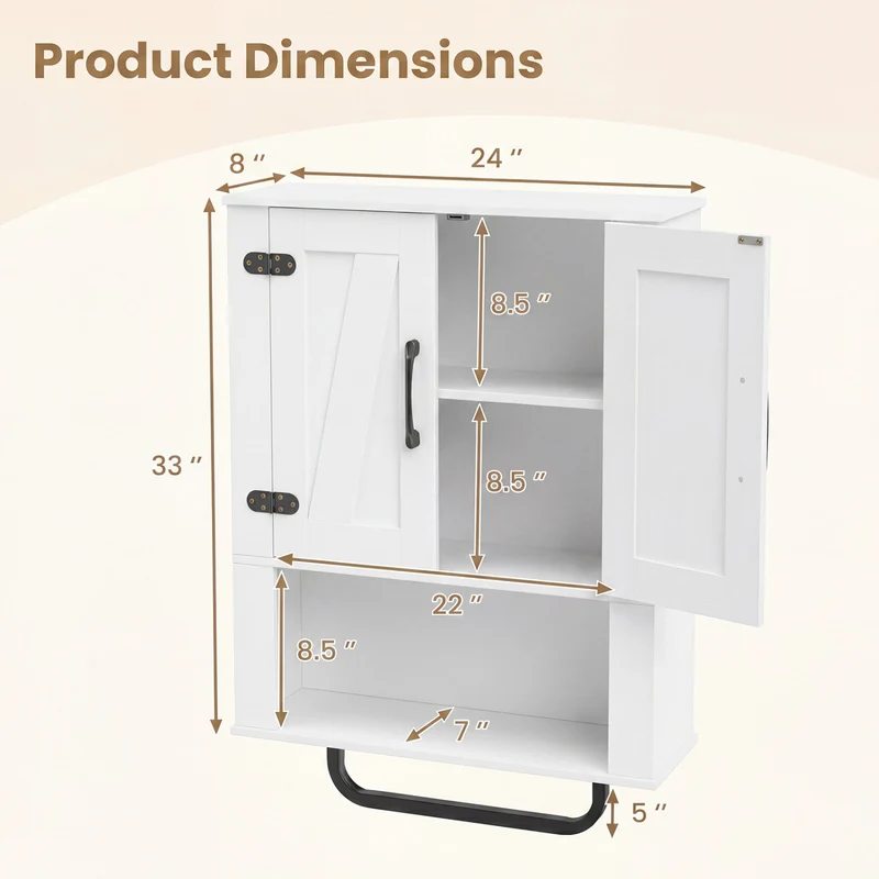 Bathroom Wall Cabinet with 2 Barn Doors and Towel Bar and 3-Tier Wooden Storage, White