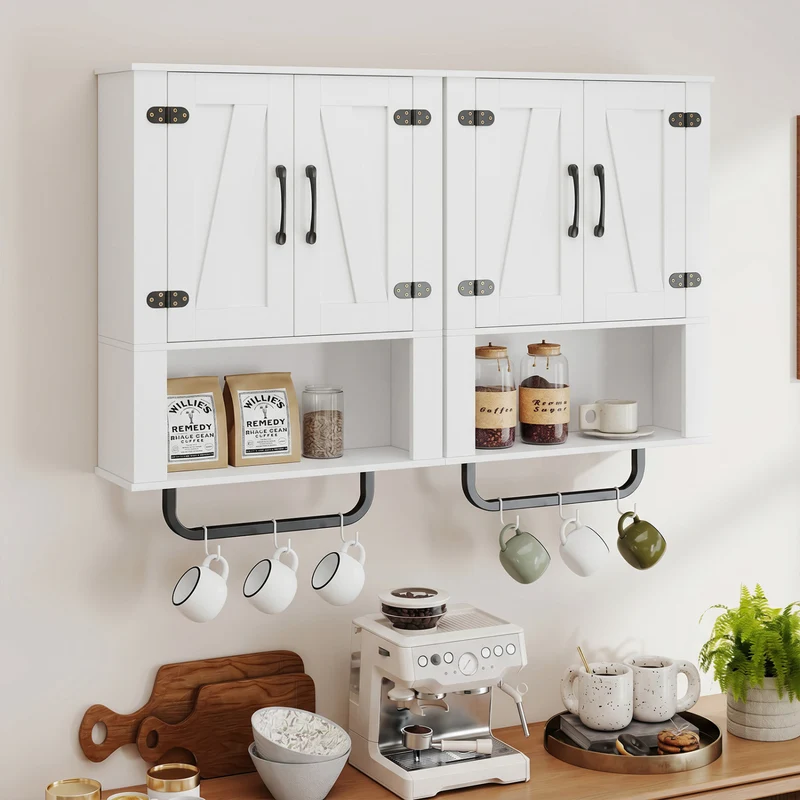 Bathroom Wall Cabinet with 2 Barn Doors and Towel Bar and 3-Tier Wooden Storage, White