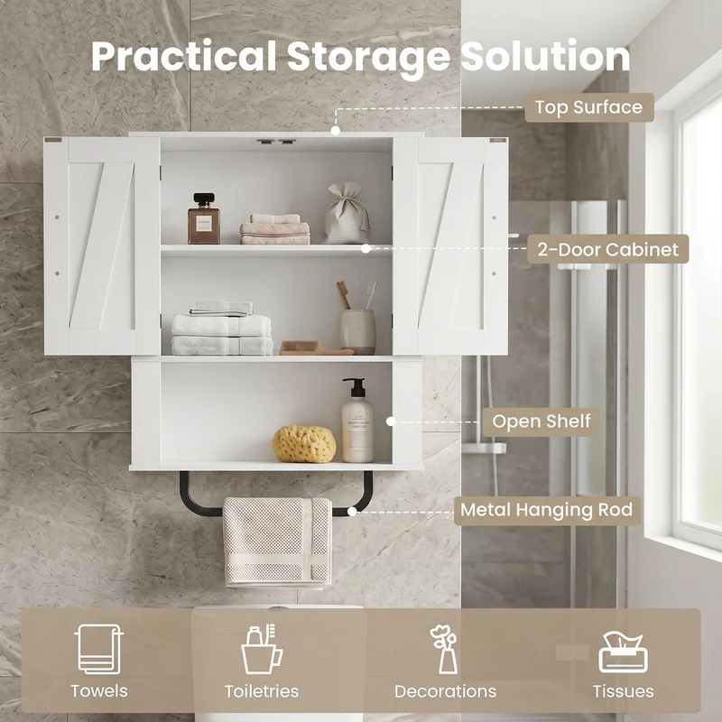 Bathroom Wall Cabinet with 2 Barn Doors and Towel Bar and 3-Tier Wooden Storage, White