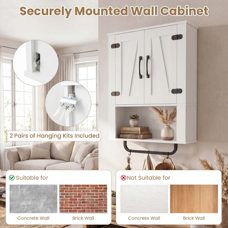 Bathroom Wall Cabinet with 2 Barn Doors and Towel Bar and 3-Tier Wooden Storage, White
