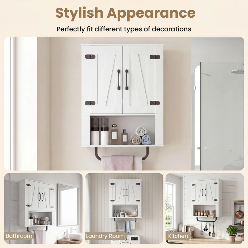 Bathroom Wall Cabinet with 2 Barn Doors and Towel Bar and 3-Tier Wooden Storage, White