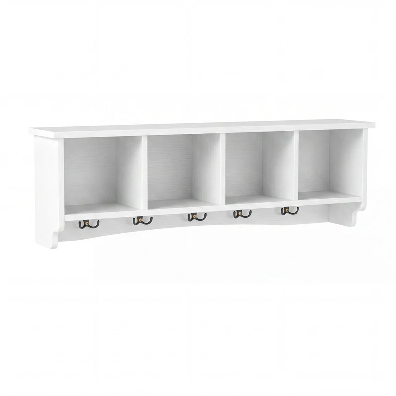 Wall-Mounted Coat Rack with 4 Cubbies and 5 Double Hooks and Wooden Shelf, White