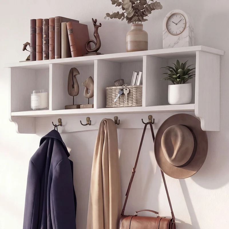 Wall-Mounted Coat Rack with 4 Cubbies and 5 Double Hooks and Wooden Shelf, White