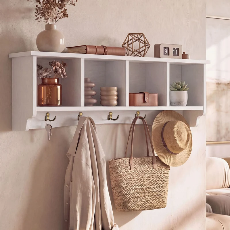 Wall-Mounted Coat Rack with 4 Cubbies and 5 Double Hooks and Wooden Shelf, White