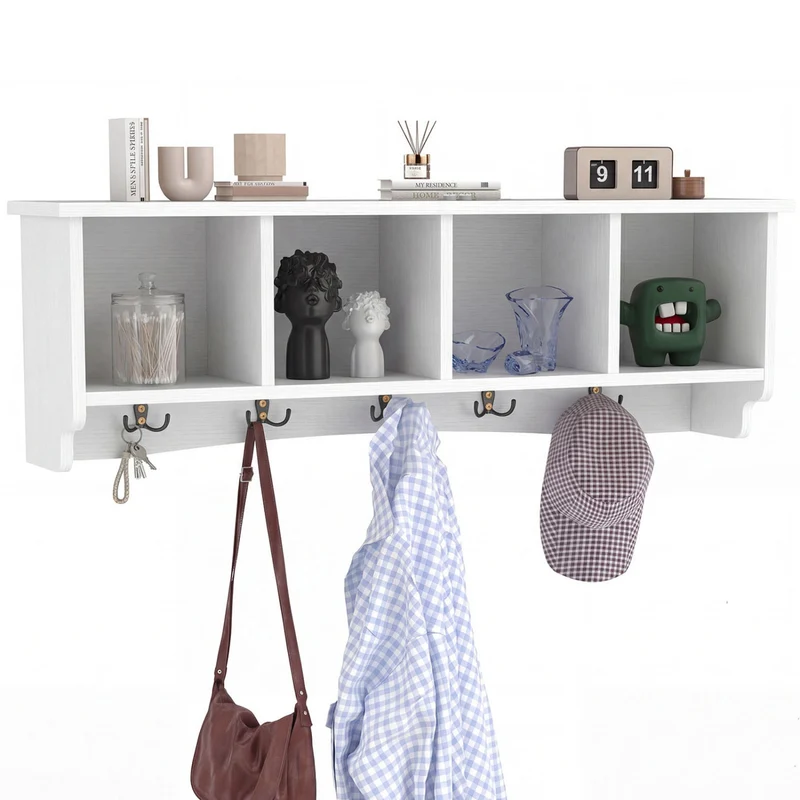 Wall-Mounted Coat Rack with 4 Cubbies and 5 Double Hooks and Wooden Shelf, White