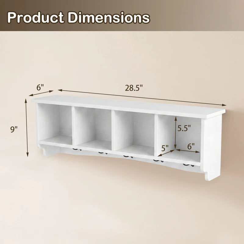 Wall-Mounted Coat Rack with 4 Cubbies and 5 Double Hooks and Wooden Shelf, White