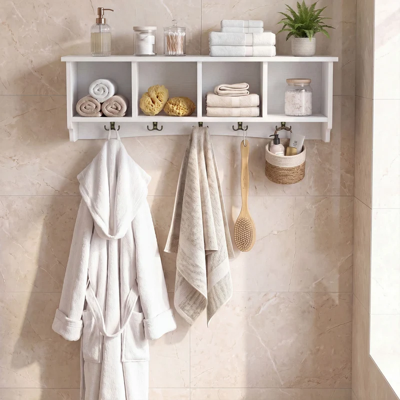 Wall-Mounted Coat Rack with 4 Cubbies and 5 Double Hooks and Wooden Shelf, White