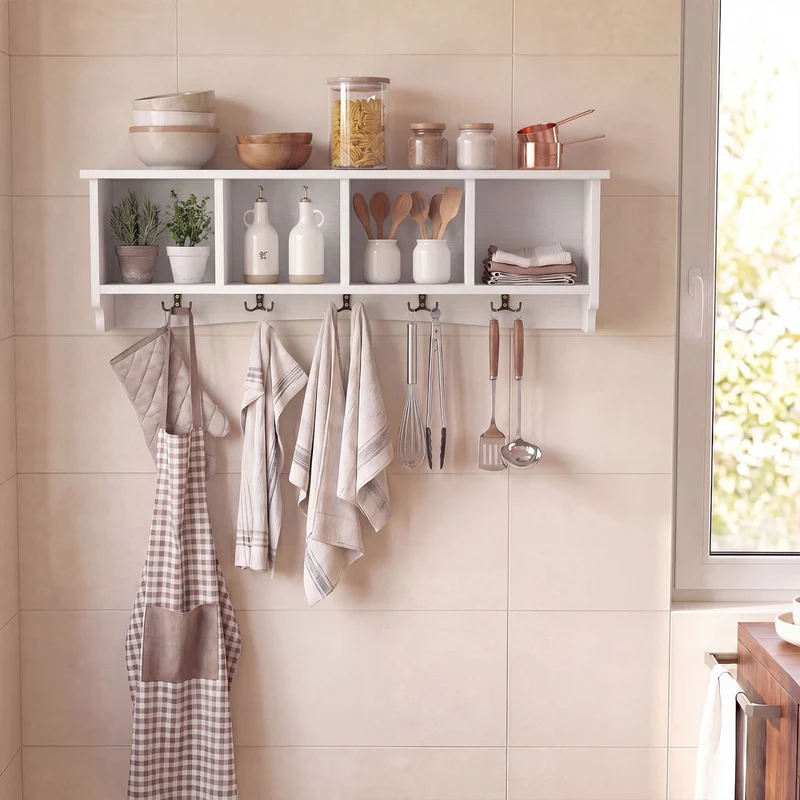 Wall-Mounted Coat Rack with 4 Cubbies and 5 Double Hooks and Wooden Shelf, White