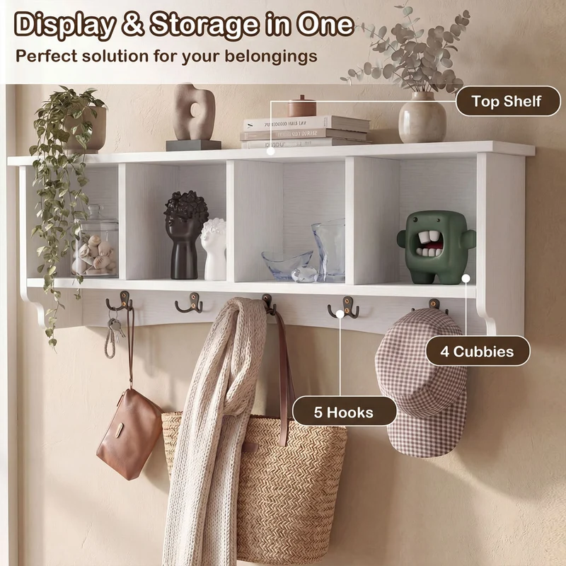 Wall-Mounted Coat Rack with 4 Cubbies and 5 Double Hooks and Wooden Shelf, White