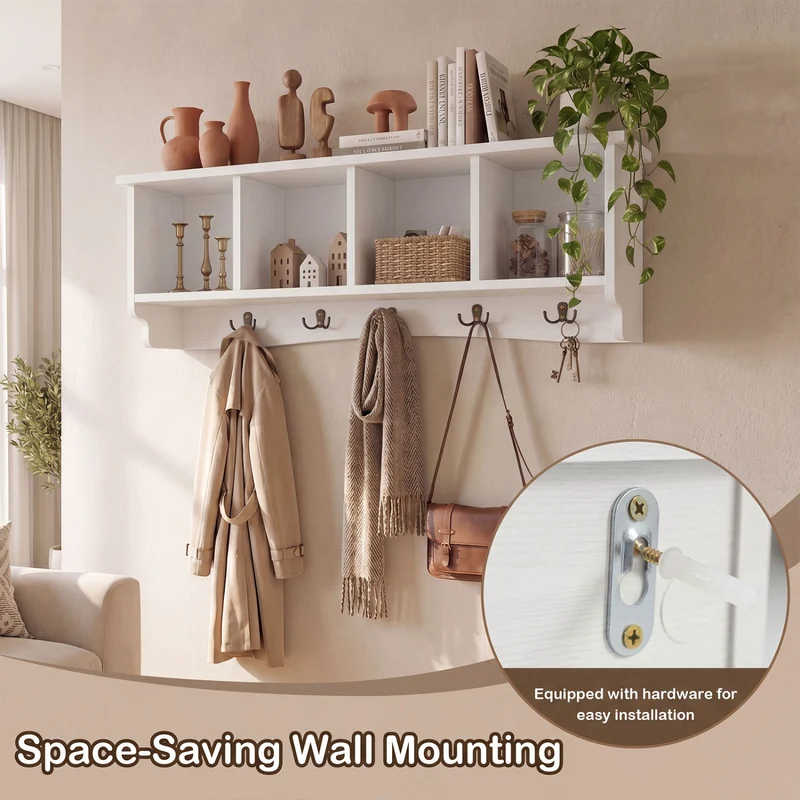 Wall-Mounted Coat Rack with 4 Cubbies and 5 Double Hooks and Wooden Shelf, White