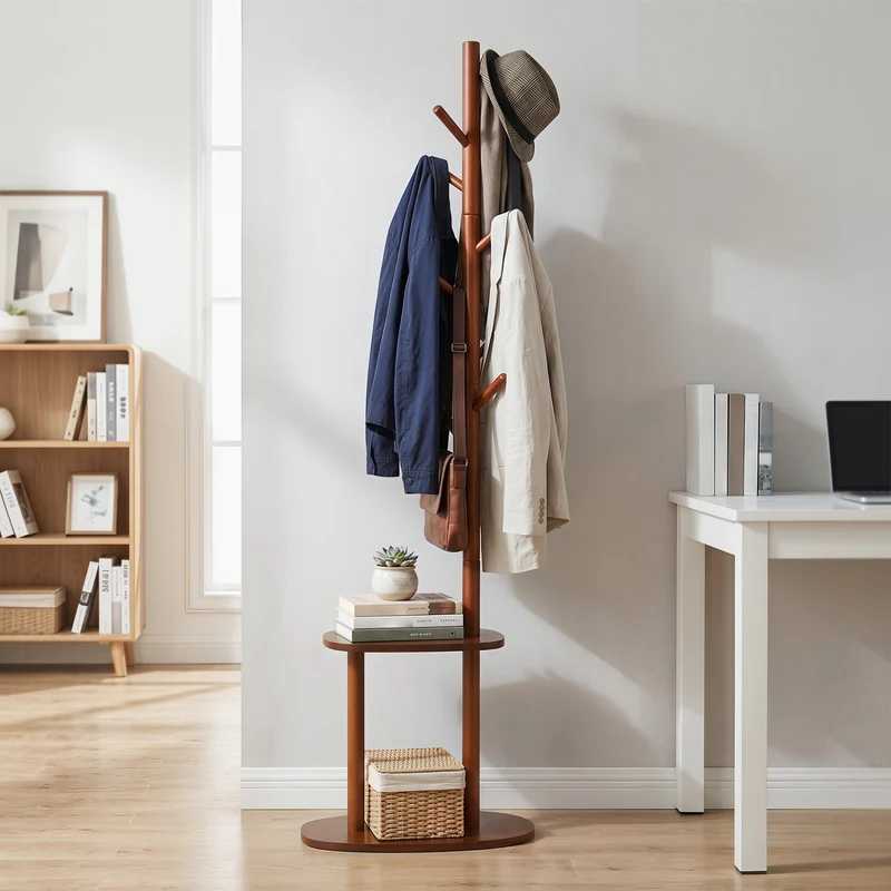 Coat Rack with 8 Rubber Wood Hooks and 2 Storage Shelves, Walnut
