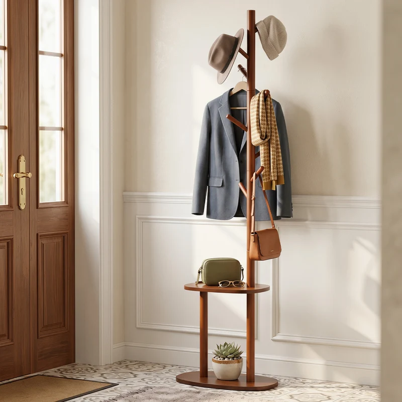 Coat Rack with 8 Rubber Wood Hooks and 2 Storage Shelves, Walnut